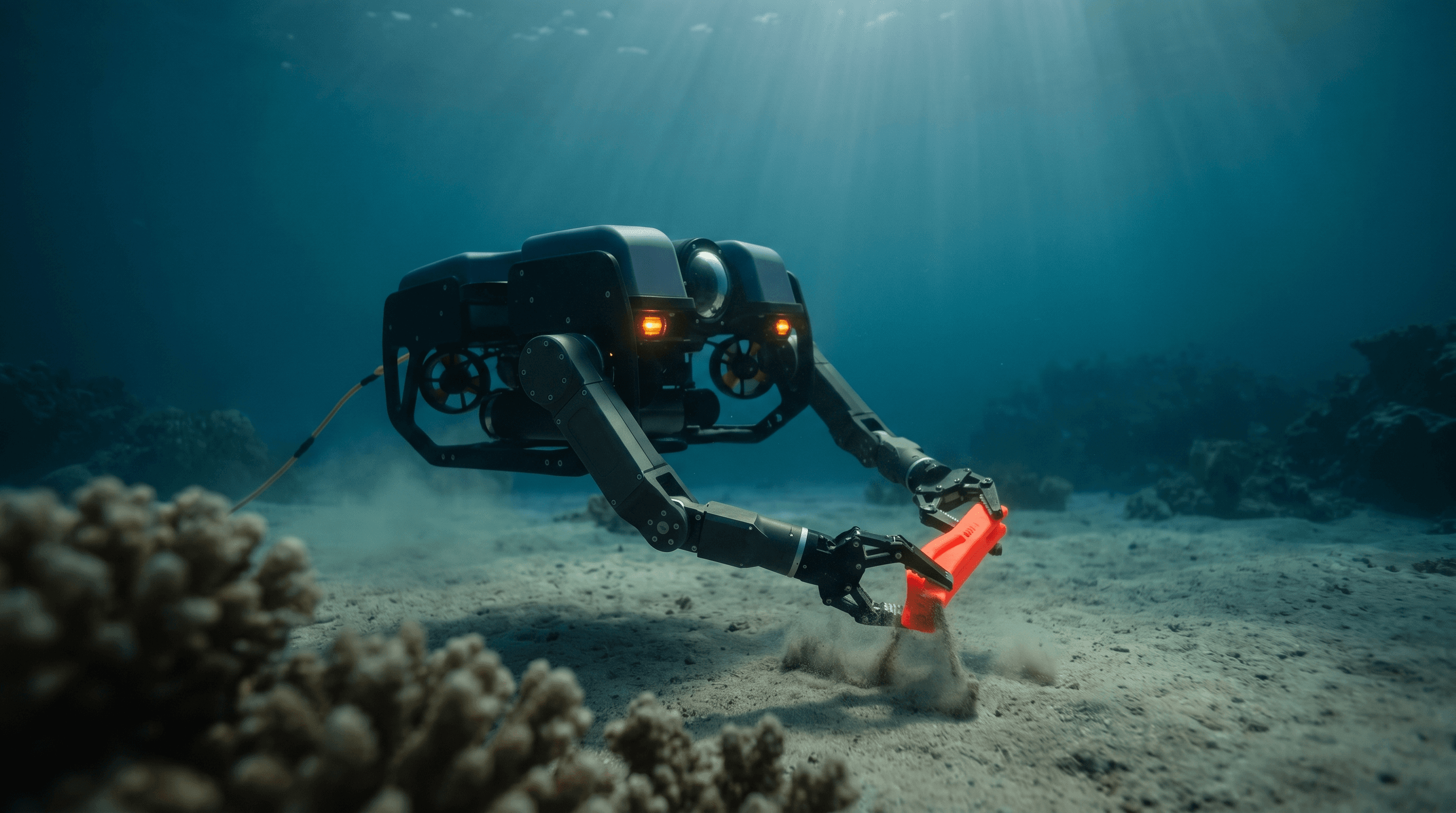 Underwater ROV retrieving an item from the ocean floor